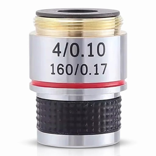 Achromatický objektív 4x pre biologický mikroskop s apertúrou 0,10 pre tubus 160 mm a konjugovanou vzdialenosťou 185 mm v striebornej farbe