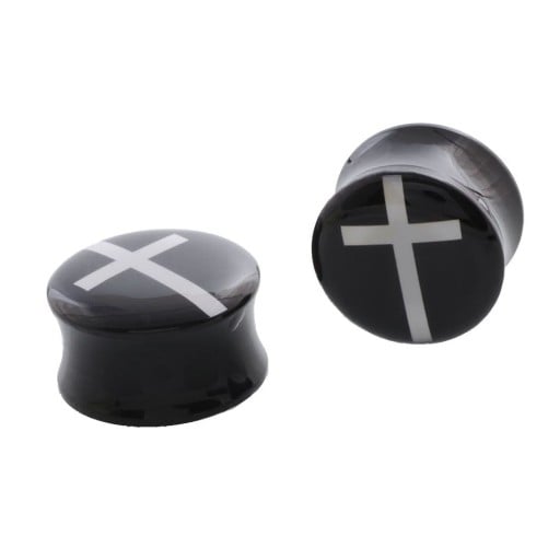 Acryl Plug für das Ohr mit weißem Kreuz Schwarze Sattelform für gedehnte Ohrläppchen Vollständige Ausführung mit glatter, glänzender Oberfläche
