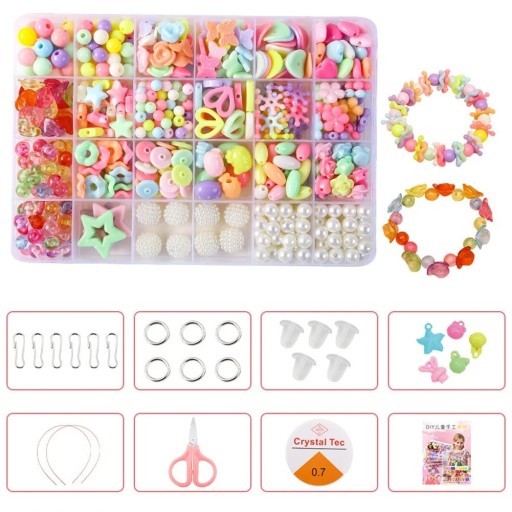 Acrylic Bead Set 500 pcs Various Shapes and Sizes Colourful Beads with Accessories Jewellery Making for Children Bracelets and Necklaces
