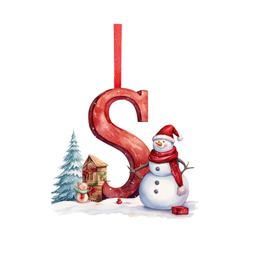 Acrylic Christmas Decoration 8 x 7 cm Letter S with Snowman Design Red 2D Tree Decoration with Ribbon Glossy Surface