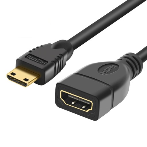 Adaptador Mini HDMI a HDMI con cable para conectar dispositivos con salida Mini HDMI a un televisor o monitor. Conector HDMI hembra. Plástico ABS