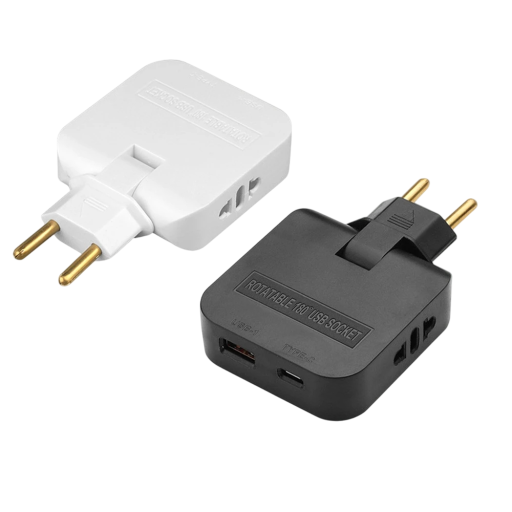 Adaptér do zásuvky EU Typ E/F 250V 10A 2kolíkový s USB-A a USB-C a 2x univerzální zásuvkou Cestovní nabíječka Otočná