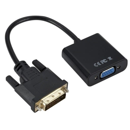 Adapter DVI-D męski na VGA żeński z kablem do podłączenia monitora lub projektora z wejściem VGA Długość 26 cm Śruby zabezpieczające Czarny