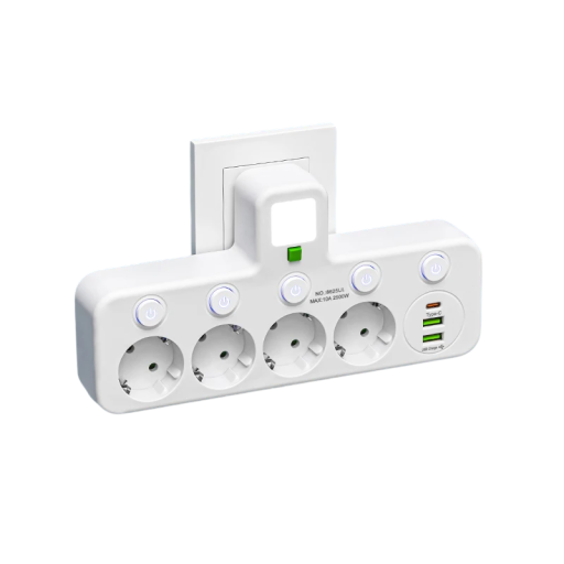 Adapter EU-stik 5AC 5 stikkontakter 2x USB A og USB C 2500W 10A Natlampe Tænd/sluk-knap med indikatorlampe Kontorstikkontakt 110–250V