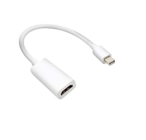 Adapter Mini DisplayPort til HDMI til tilslutning af skærm eller tv til computer eller bærbar. Opløsning op til 1080p. Længde 15 cm. Hvid reduktion.