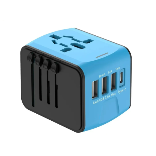 Adaptor de alimentare universal 100-240 V AC 6A Priză de călătorie UK EU AU US 3× porturi USB 1× USB-C Încărcător de perete compact 5×5×6,4 cm