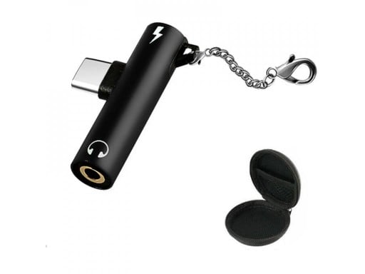 Adaptor USB-C la jack de 3,5mm și USB-C pentru ascultare și încărcare simultană Corp negru din aliaj de aluminiu Lănțișor cu carabină Etui