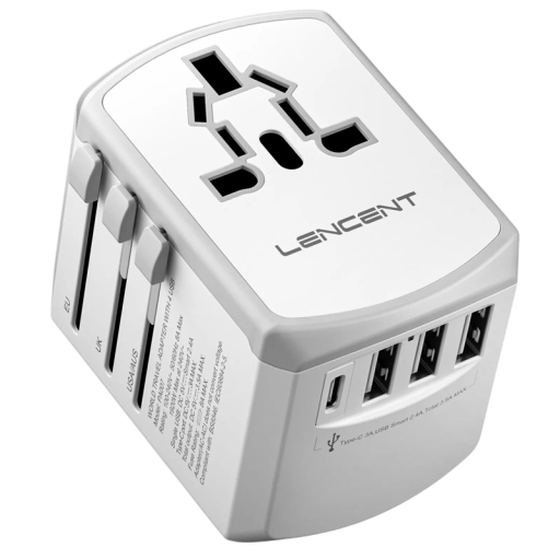 Adattatore da viaggio universale 8,9 x 6,3 x 6,3 cm Caricabatterie 100–240V 3× USB e 1× USB-C Porta EU UK USA AUS Presa 8A 1920W Viaggio