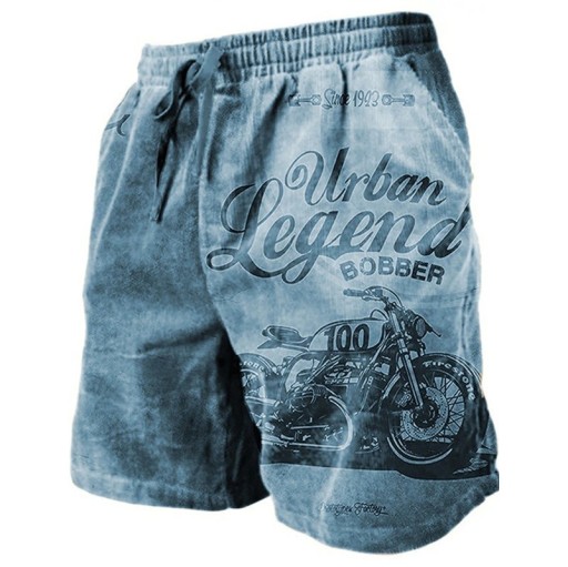 Ademende shorts voor heren in de zomer met trekkoord, lichtgewicht en comfortabel materiaal, vintage motorprint, stijlvolle casual shorts voor de zomer
