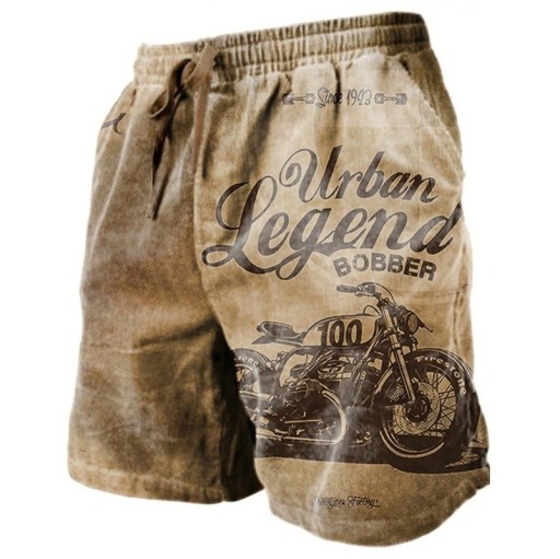 Ademende shorts voor heren in de zomer met trekkoord, lichtgewicht en comfortabel materiaal, vintage motorprint, stijlvolle casual shorts voor de zomer