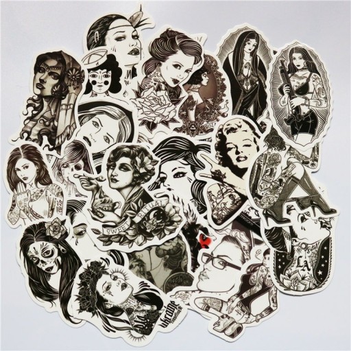 Adesivi in bianco e nero in PVC 68 pz Illustrazioni di donne con tatuaggi e fiori Dimensione circa 5 cm Per decorare e personalizzare oggetti