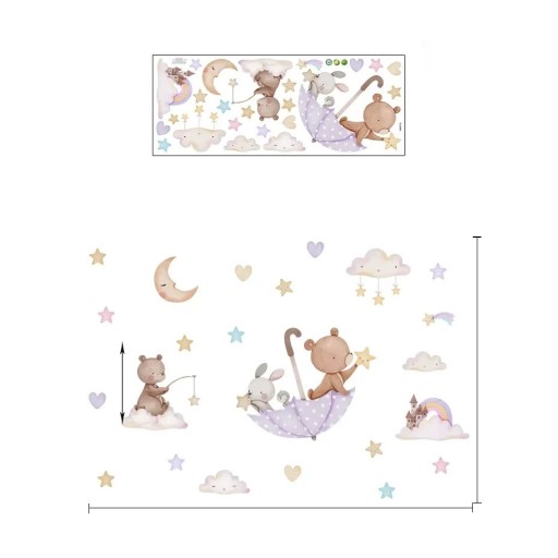 Adesivo da parete 87,2 x 59 cm Orsetto con coniglietto sotto l'ombrello Decorazione murale trasparente per bambini in vinile opaco Delicata e carina