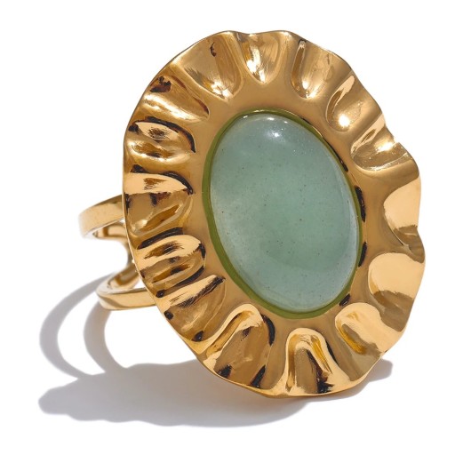 Adjustable Ring with an Oval Light Green Stone and a Distinctive Textured Frame in a Golden Hue, Decorative Jewellery