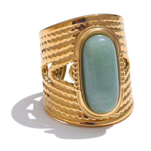 Adjustable Ring with Light Green Oval Stone and Wide Hammered Band in Gold Tone, Statement Decorative Jewellery