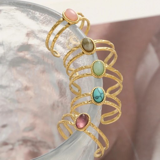 Adjustable Ring with Oval Stone 18.2 mm, Relief Band with Double Line, Distinctive Natural Motif