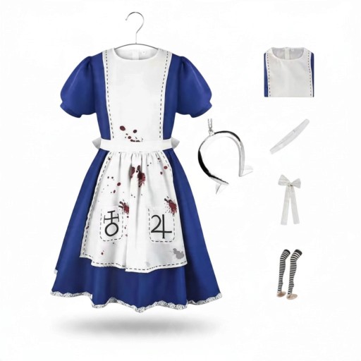 Adult Horror Doll Costume Blue Dress with White Apron with Bloodstains Striped Tights and Headband Cotton and Polyester