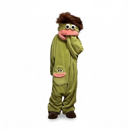 Adult Plush Overall with Hood Monster Head with Eyes Lips and Hair Flannel Costume for Carnival and Halloween