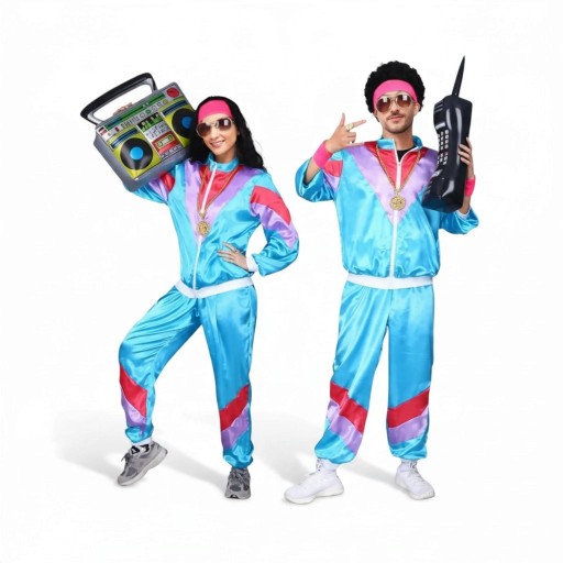 Adult Retro Tracksuit Costume Glossy Zip-Up Jacket and Trousers Polyester 80s Style For Parties and Carnivals