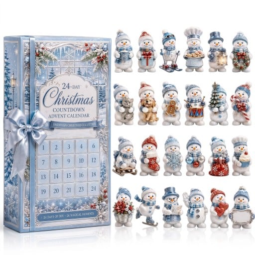 Adventní kalendář 24 vánočních postaviček Figurky sněhuláků s čepicí a šálou Světle modrá Vánoční dekorace Dárek pro děti i dospělé