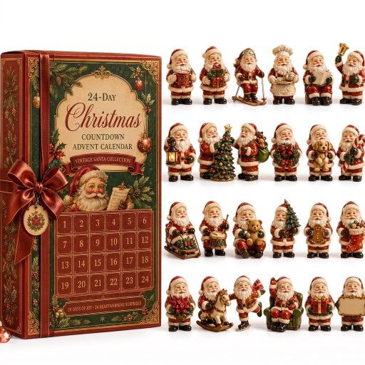 Adventný kalendár 24 vianočných postavičiek Figúrky Santa Clausa vo vintage štýle Santa s darčekmi aj na sane Vianočná dekorácia a darček