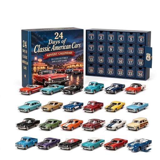 Adventný kalendár s autíčkami 24 klasických amerických áut Die-cast modely Krabica s očíslovanými šuplíkmi Pre zberateľov aj milovníkov veteránov