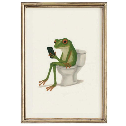 Affiche décorative grenouille assise sur les toilettes avec un téléphone 30 x 40 cm impression sur toile image colorée sans cadre pour la salle de bain