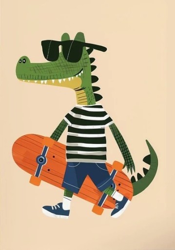 Affiche décorative murale 40 x 50 cm Crocodile avec skateboard Illustration impression sur toile Image verticale sans cadre Chambre d'enfant
