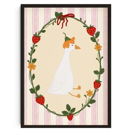 Affiche décorative murale oie dans une couronne de fleurs avec des fraises 30 x 42 cm impression sur toile illustration pour chambre d'enfant sans cadre