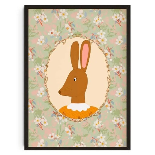 Affiche décorative portrait de lapin sur fond fleuri 40 x 50 cm impression sur toile tableau mural sans cadre pour chambre d'enfant