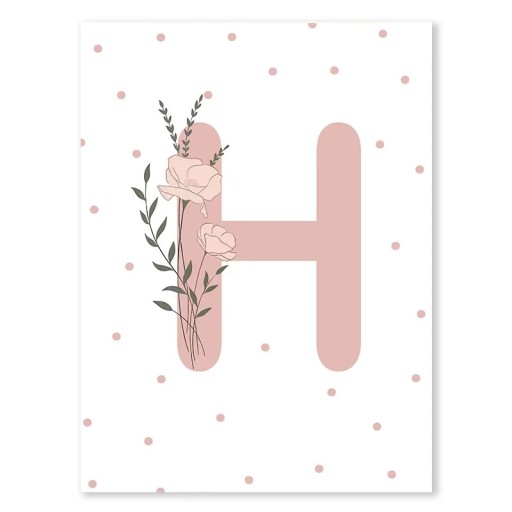 Affiche en toile 50 x 70 cm Initiale rose H avec motif floral Image sans cadre Décoration murale pour chambre d'enfant et chambre de fille