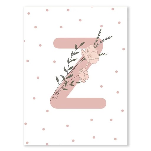 Affiche minimaliste 21 x 30 cm Lettre florale rose "Z" Tableau en toile sans cadre Décoration murale pour la chambre de fille et la chambre d'enfant