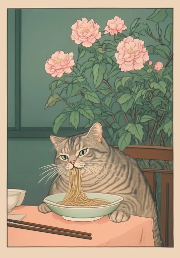 Affiche murale 50 x 70 cm Chat tigré mange des nouilles Style japonais Image mignonne sur toile Décoration intérieure Impression douce Sans cadre