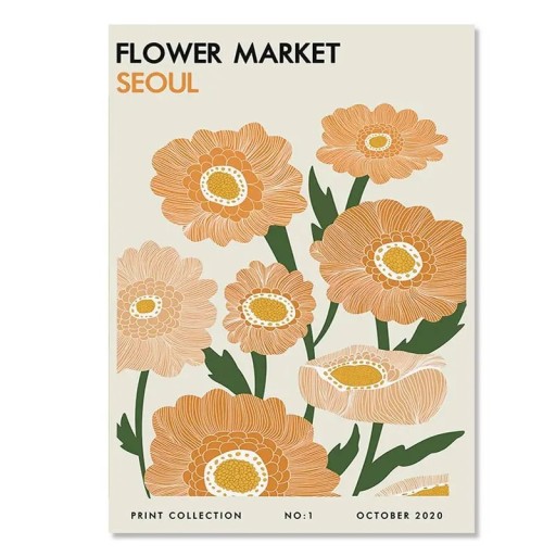 Affiche murale 50 x 70 cm Fleurs orange Marché aux fleurs à Séoul Affiche murale moderne impression sur toile décoration douce sans cadre