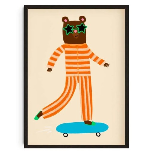 Affiche murale avec un ours dessiné sur un skateboard en pyjama 40 × 50 cm impression sur toile motif orange décoration pour chambre d'enfant sans cadre