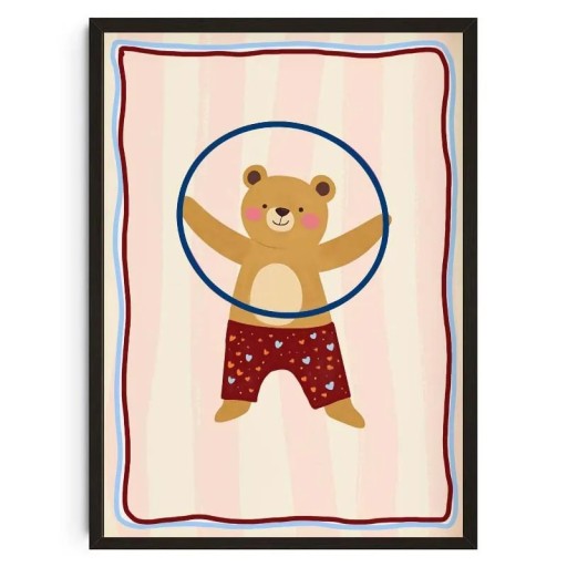 Affiche murale pour enfants avec motif d'ours avec cerceau 20 x 30 cm impression sur toile fond rose image pour chambre d'enfant sans cadre