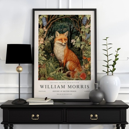 Affiche William Morris avec un renard dans la forêt et un motif botanique 50x70 cm toile en polyester vert orange décoration