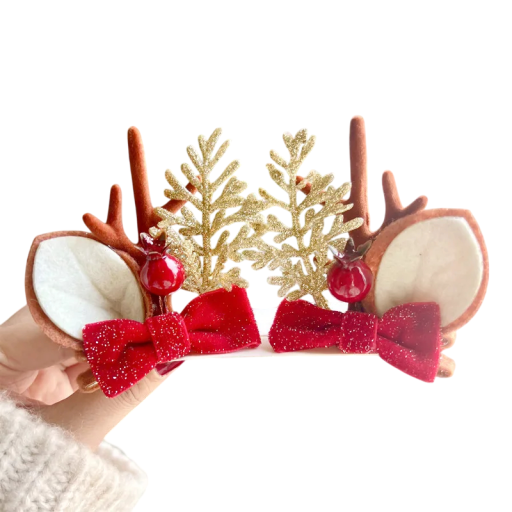 Agrafe de păr de Crăciun cu coarne de ren și ramuri aurii cu fundițe roșii Accesoriu elegant pentru coafura de Crăciun și sărbători