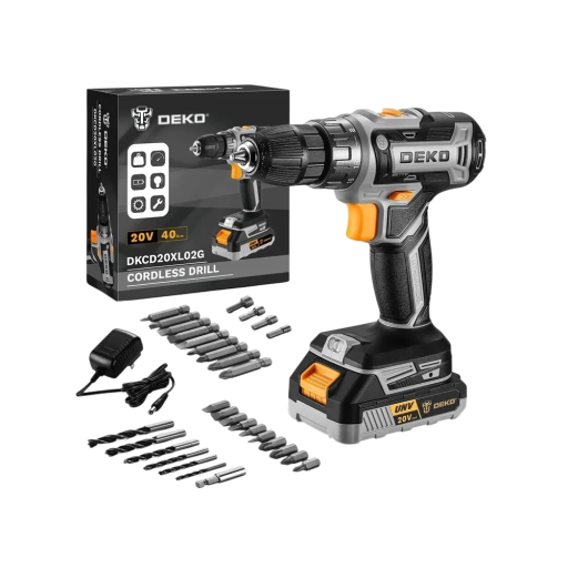 Akku boremaskine 20V, drejningsmoment 40 N.m, omdrejninger 1350/min, 3/8" uden nøgle, 18+1 trin, sort-orange, til gør-det-selv