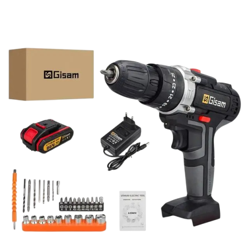 Akku slagboremaskine 21V, drejningsmoment 25 N.m, omdrejninger 1600/min, chuck 10 mm, 25+3 trin, sort-rød, med batteri