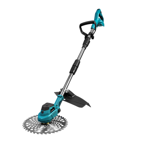 Akkumuleret plæneklipper 9 tommer med justerbart hoved, 18–21V børsteløs motor, teleskopisk stang 120 cm, blå, til haven
