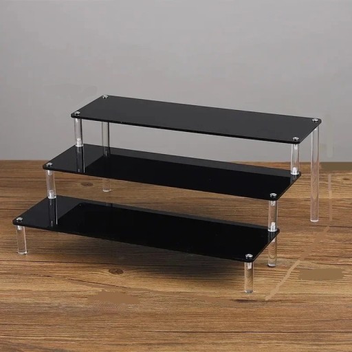 Akril állvány 3 szinten 30 × 27,5 × 15 × 10 cm fekete szervező figurákhoz, parfümökhez, ékszerekhez, polc a gyűjteményes tárgyak kiállításához