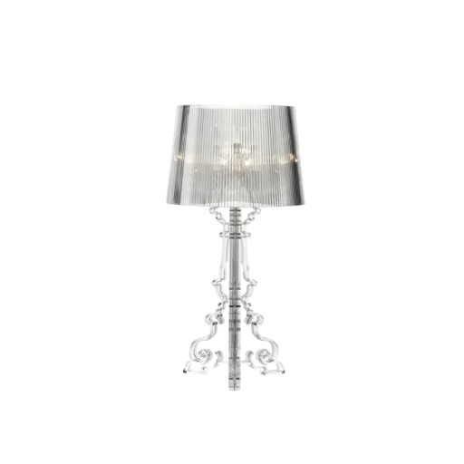 Akrilyhdislampu ornamenttisella jalustalla, 71 x 38 cm, 3 E14-kanta, lämmin valkoinen valo, läpinäkyvä, olohuoneeseen ja makuuhuoneeseen