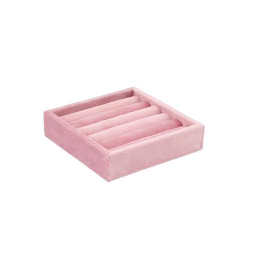 Aksamitne pudełko na pierścionki 11 × 11 × 2,5 cm różowy aksamit organizer na pierścionki i kolczyki z wałkowymi uchwytami