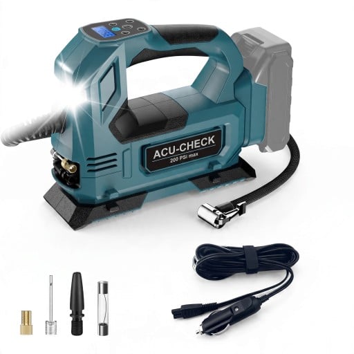 Akumulátorový kompresor na pneumatiky 890 kPa Průtok 22 l/min Hadice 60 cm Digitální displej a LED Modrý Pro baterie Makita 18 V Do auta