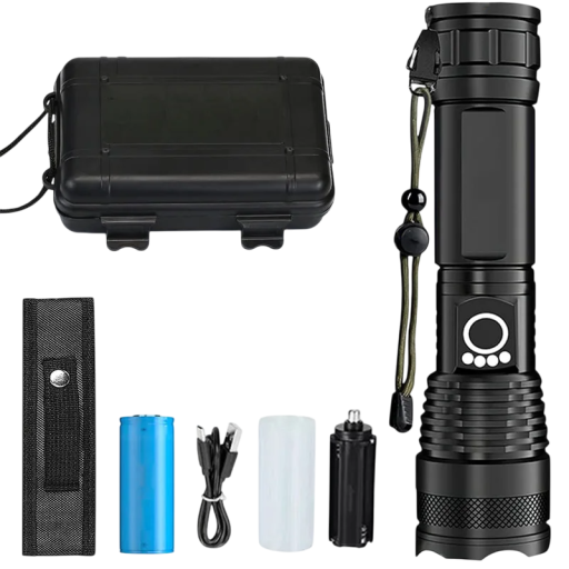 Akumulatorowa latarka taktyczna LED 500000 lm 5 trybów Obudowa aluminiowa IP65 Ładowanie przez USB Uchwyt antypoślizgowy Latarka zewnętrzna Pojemnik na baterie 18650