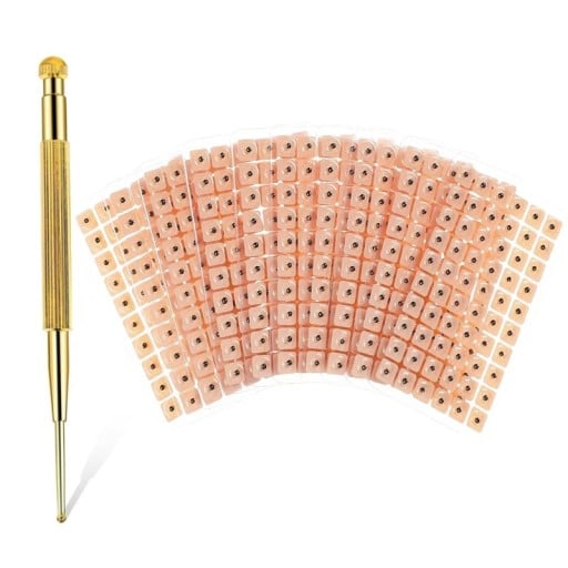 Akupresurní ušní samolepky se semínky sada 600 kusů s vyhledávacím perem rozměr 5,5 x 8,5 cm neinvazivní tělové na akupresurní body