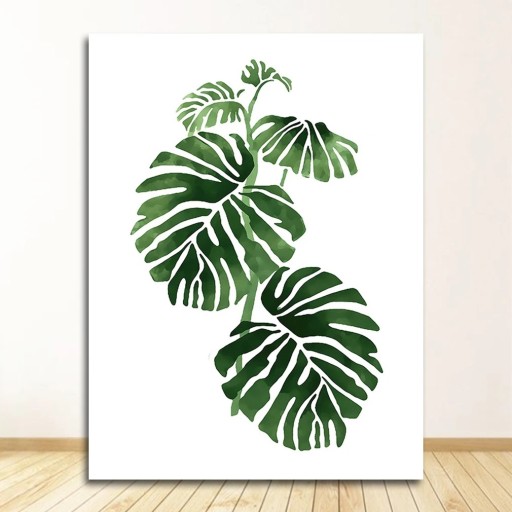 Akvarell falikép monstera levelekkel 40x50 cm keret nélküli zöld fehér dekoráció nappaliba és hálószobába