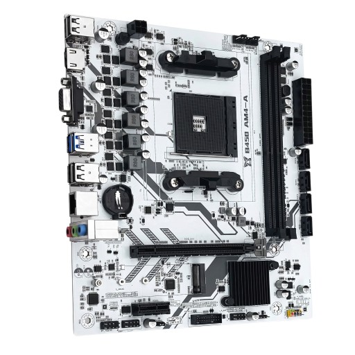 Alaplap 220 x 200 mm AM4 foglalattal és B450 chipkészlettel AMD Ryzen processzorokhoz, DDR4 támogatással, akár 64 GB-ig és M.2 NVMe fehér kivitelben