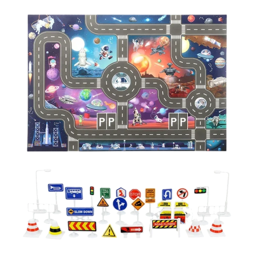 Alfombra de juego para niños de 83 x 57 cm, suave, con mapa de la ciudad, carreteras, aparcamientos, señales de tráfico y tapete de escalada, grosor