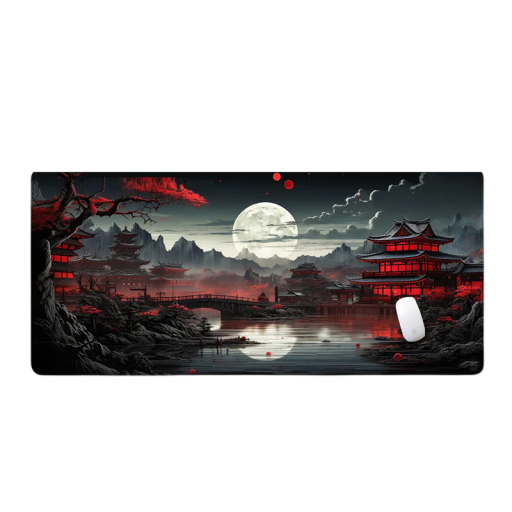 Alfombrilla para Ratón y Teclado 300 x 700 x 2 mm con Motivo Japonés y Luna Alfombrilla de Escritorio Grande Oscura con Detalles Rojos para la Mesa